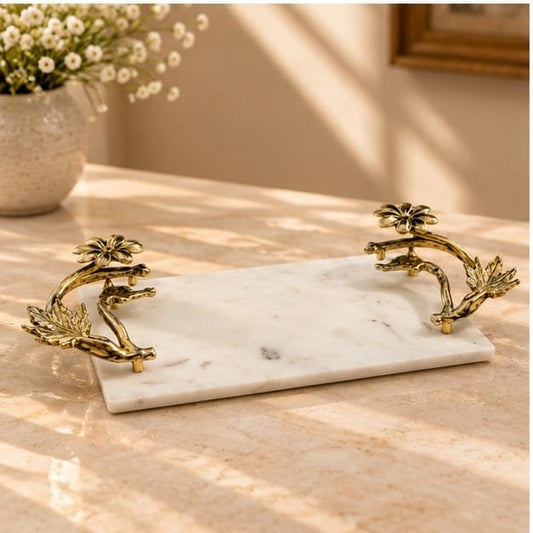 White Marble Tray – Large Floral Handles