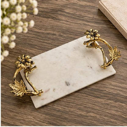 White Marble Tray – Large Floral Handles