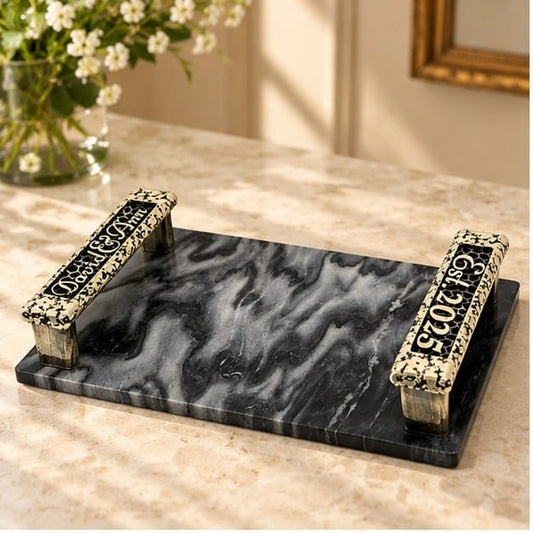 Personalised Black Marble Serving Tray – Name on Brass Handles