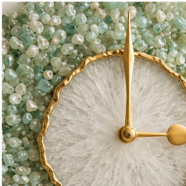 Close view of the white quartz face, gold hands and the green stone rim