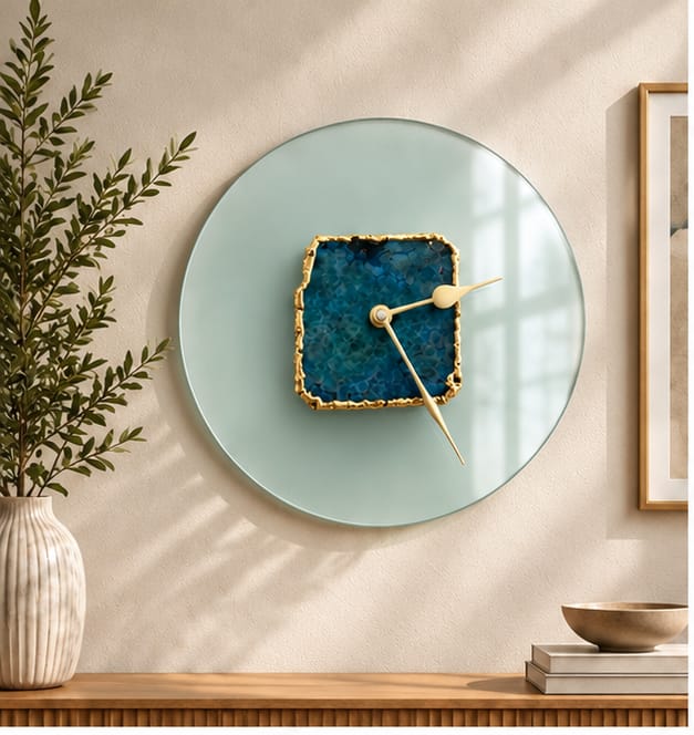 Glass agate wall clock in the gold finish, teal agate slice with a gold edge