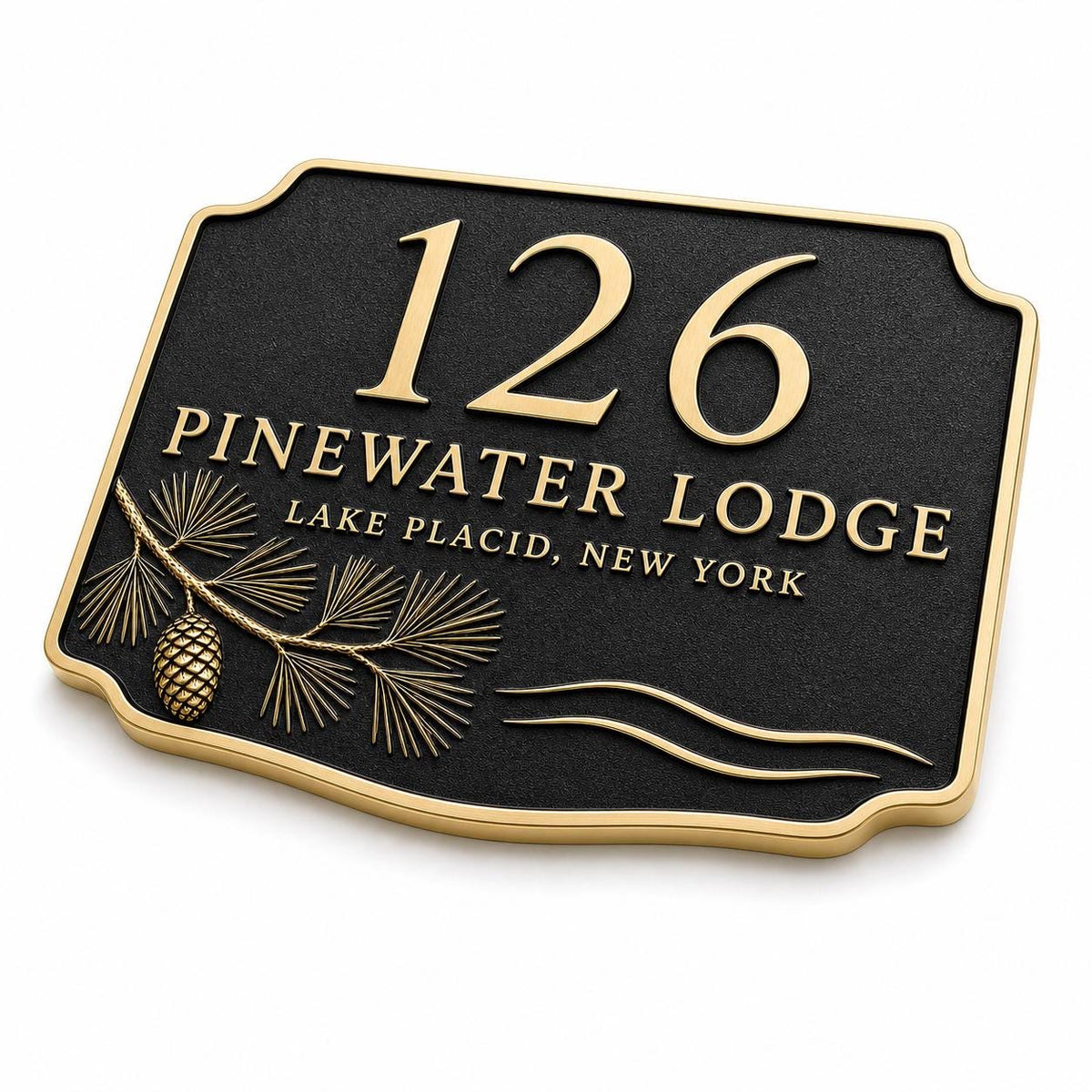 Angled Pine Bough and Cone plaque showing raised lettering and botanical relief