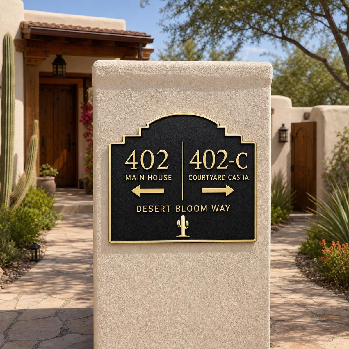 Two Homes plaque in antique brass, pictured beside a house entrance