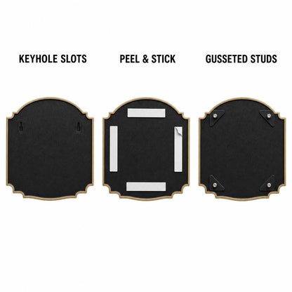Mounting diagram for the Dogwood plaque comparing keyhole slots, peel-and-stick tape and gusseted studs