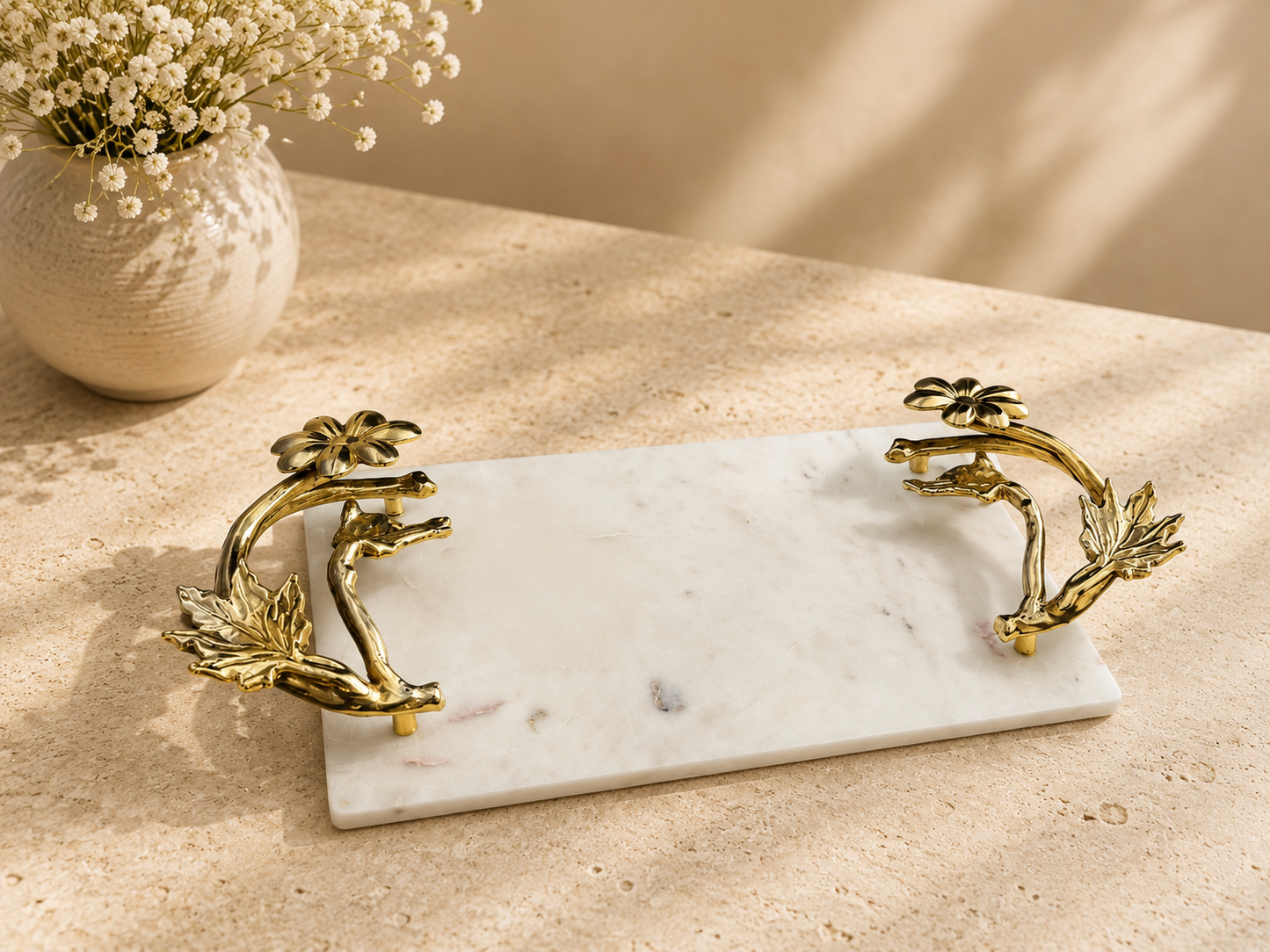 White Marble Tray — Large Floral Handles