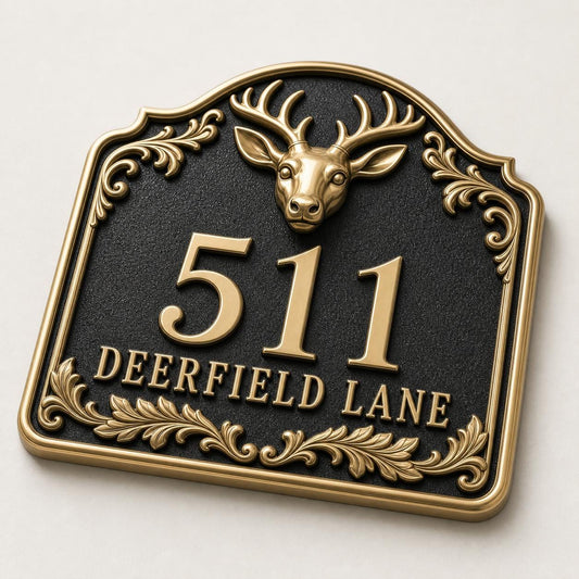 Stag Head plaque, angled view with number and one name line beneath a stag head