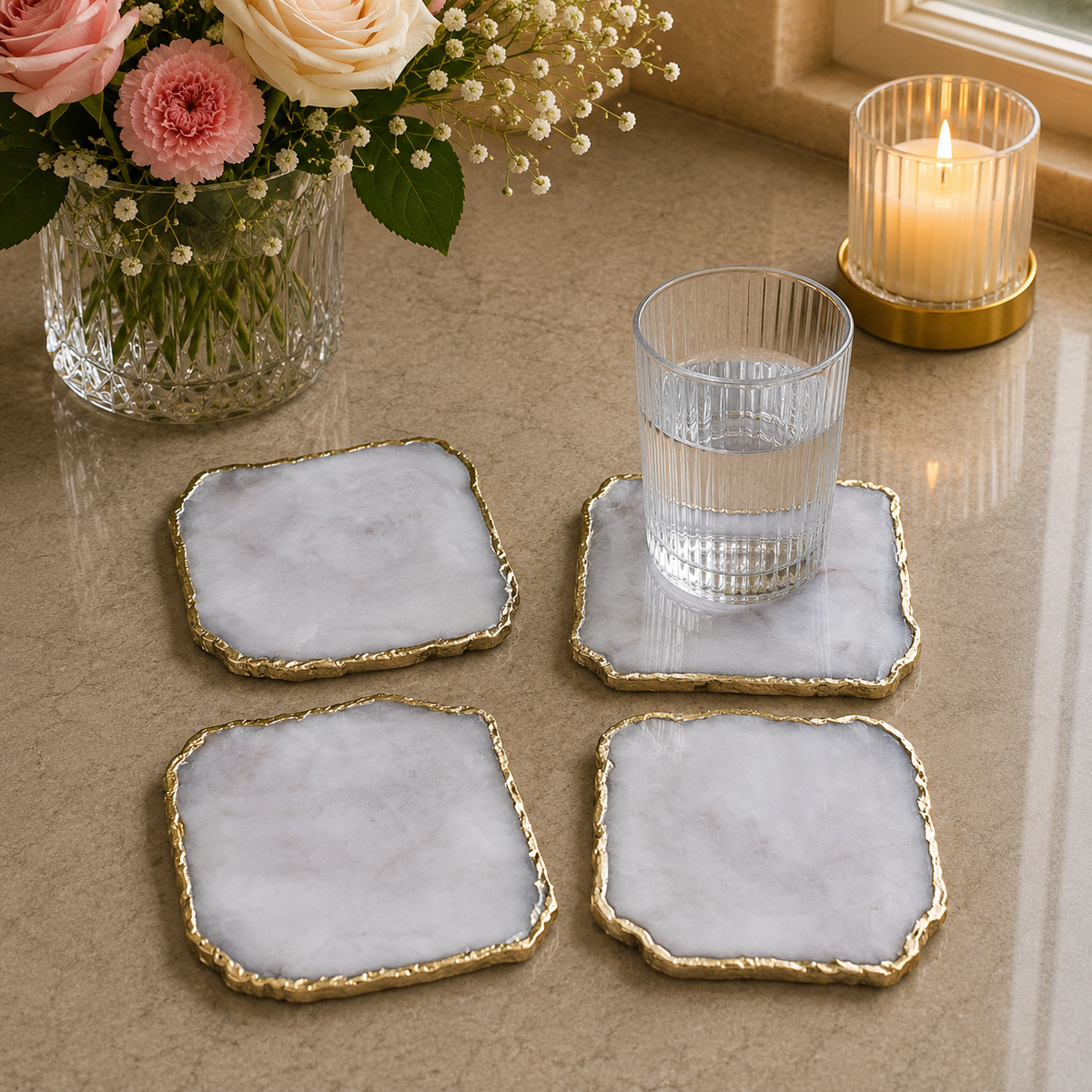 White agate organic edge coasters, set of 4 with gold, silver and rose gold finish options