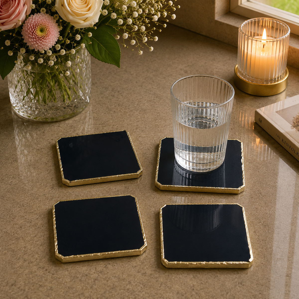 Black agate organic edge coasters, set of 4 with gold, silver and rose gold finish options