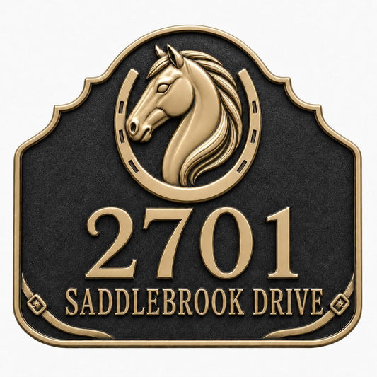 Horse and Horseshoe plaque, front with number and one name line beneath the horse motif