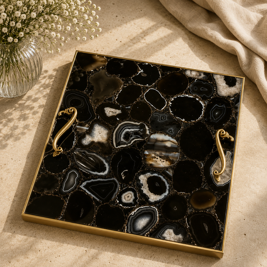 Black agate square tray — stone texture and finish options