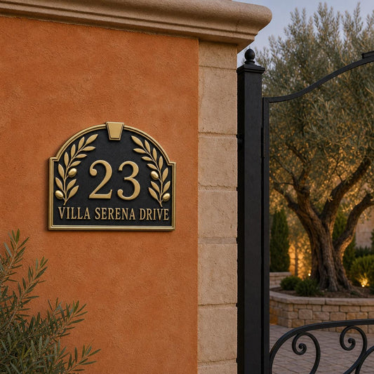Laurel Wreath Arch plaque, pictured on a warm-toned entrance wall