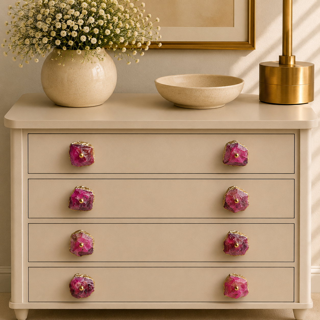 Pink Crystal Cabinet Knobs - Gold Plated