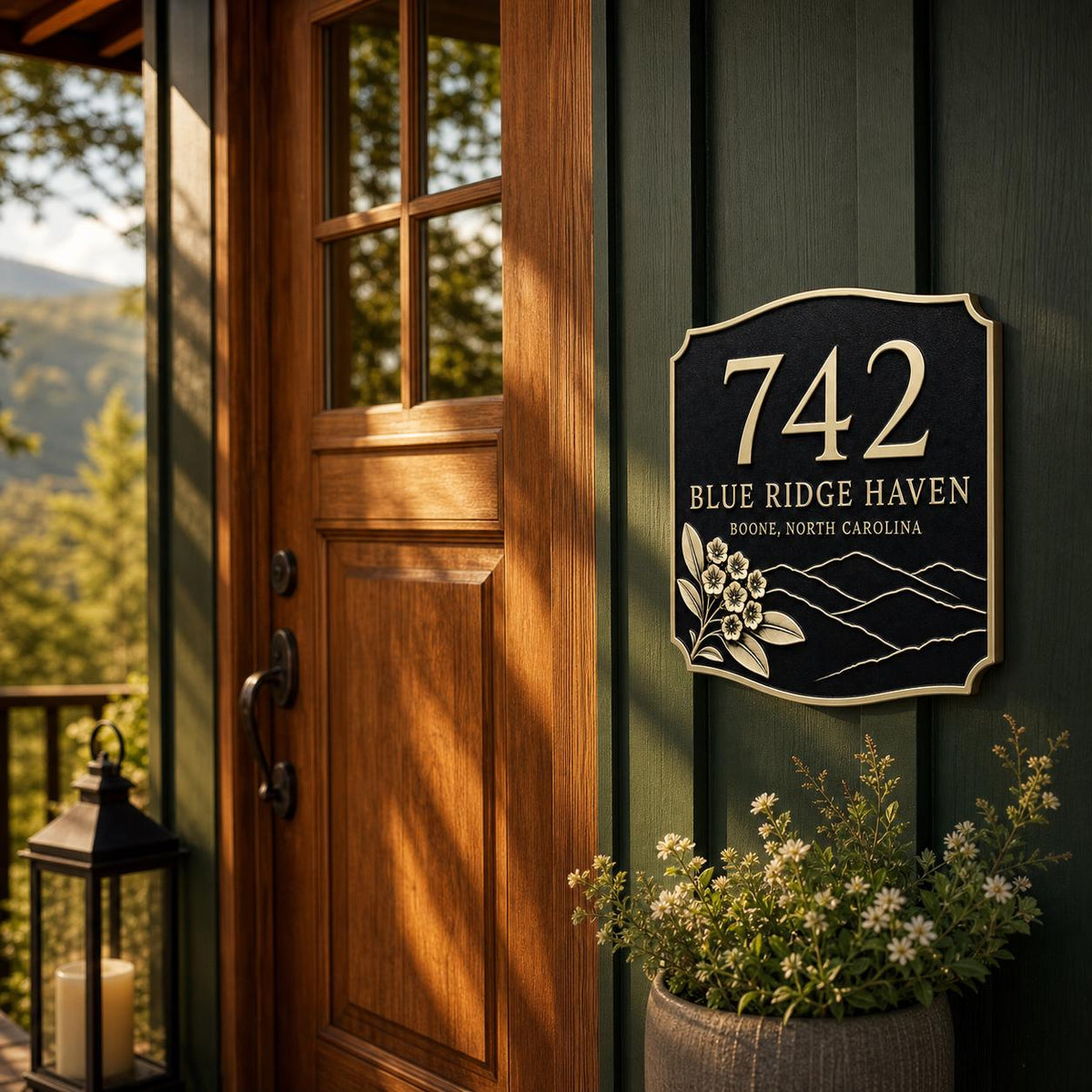 Mountain Ridge plaque pictured beside a wooden doorway and dark green wall