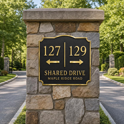 Shared Driveway plaque in antique brass, pictured on an entrance pillar or gatepost