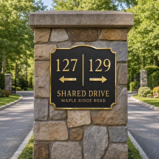 Shared Driveway plaque in antique brass, pictured on an entrance pillar or gatepost