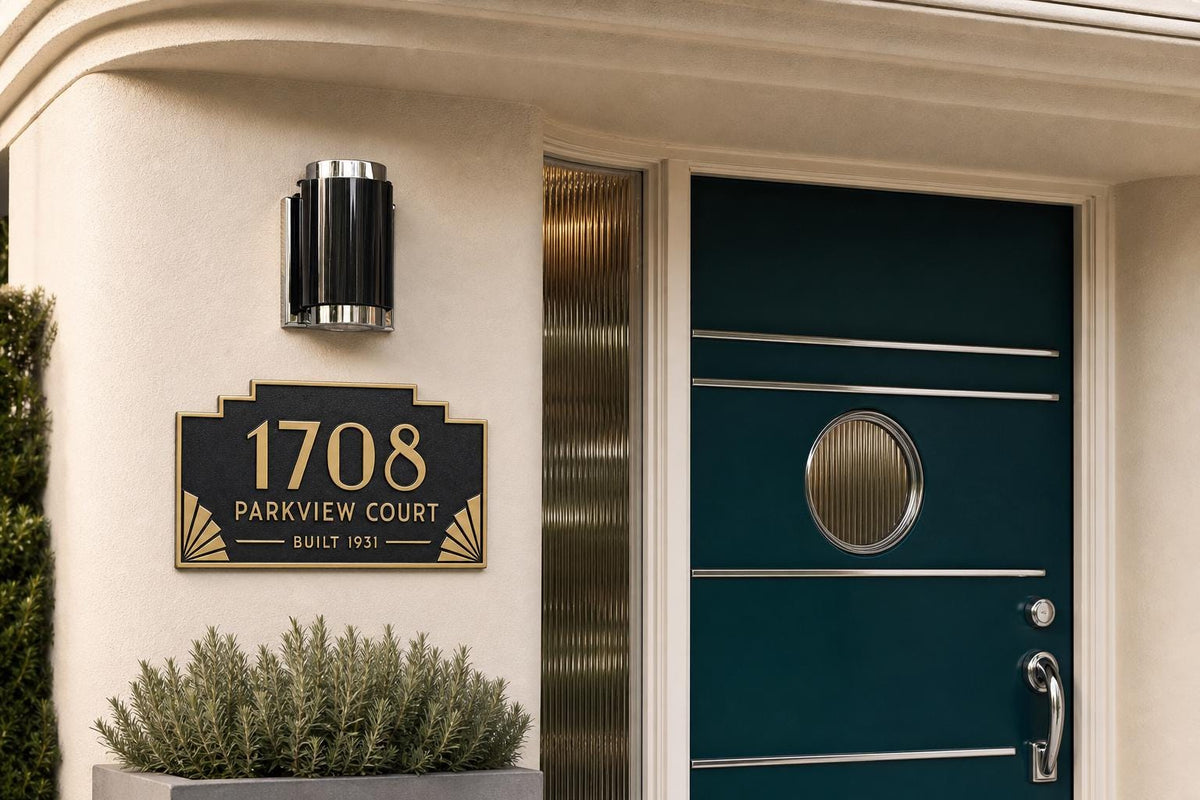 Art Deco Stepped plaque pictured beside a teal entrance door