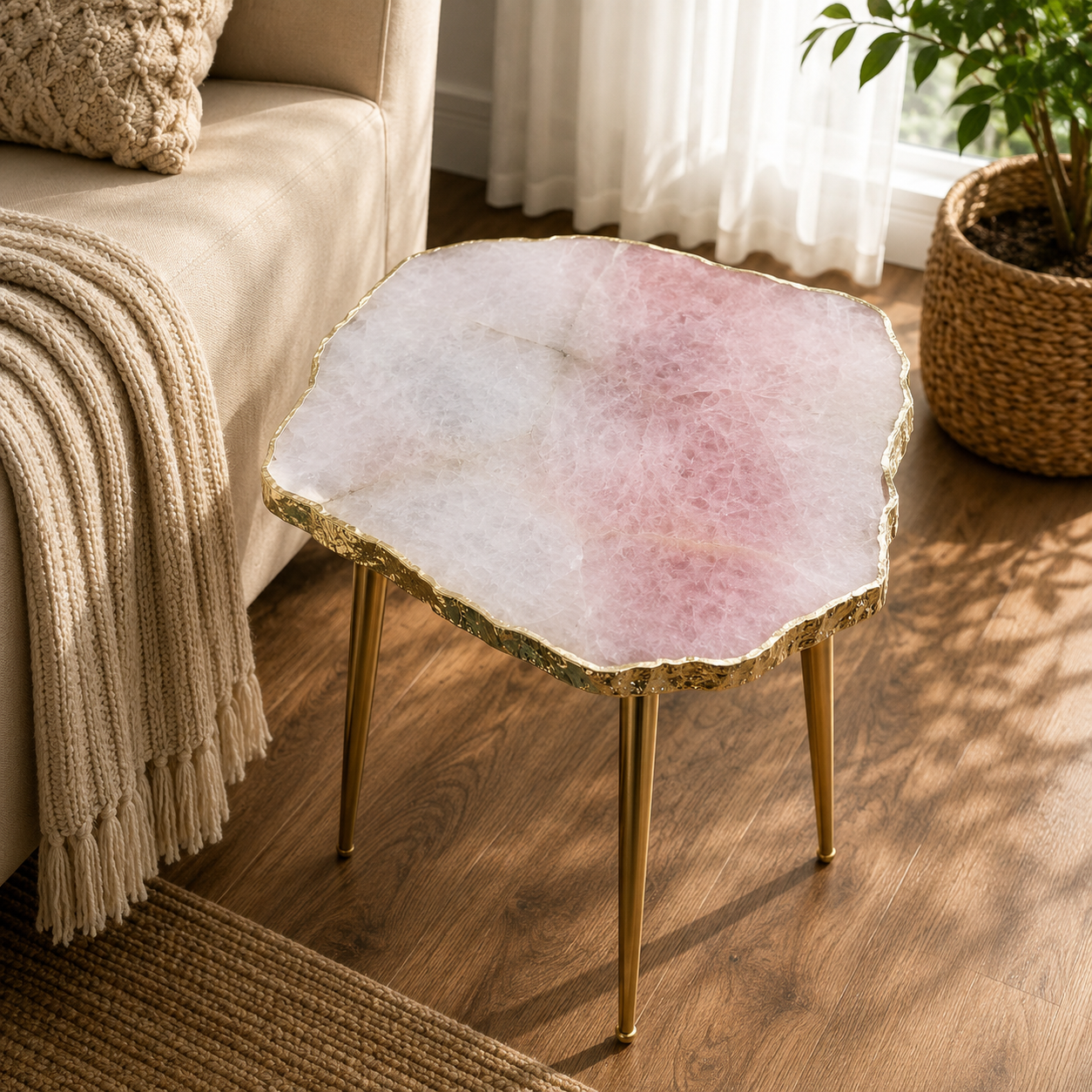 Large Rose Quartz Agate Organic Edge Side Table