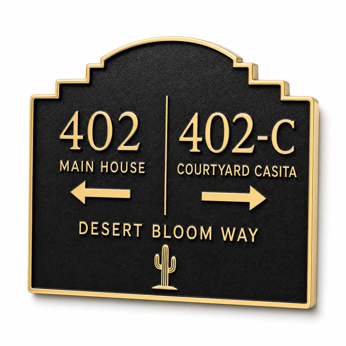 Two Homes plaque in antique brass, angled view showing the relief, outline and lettering