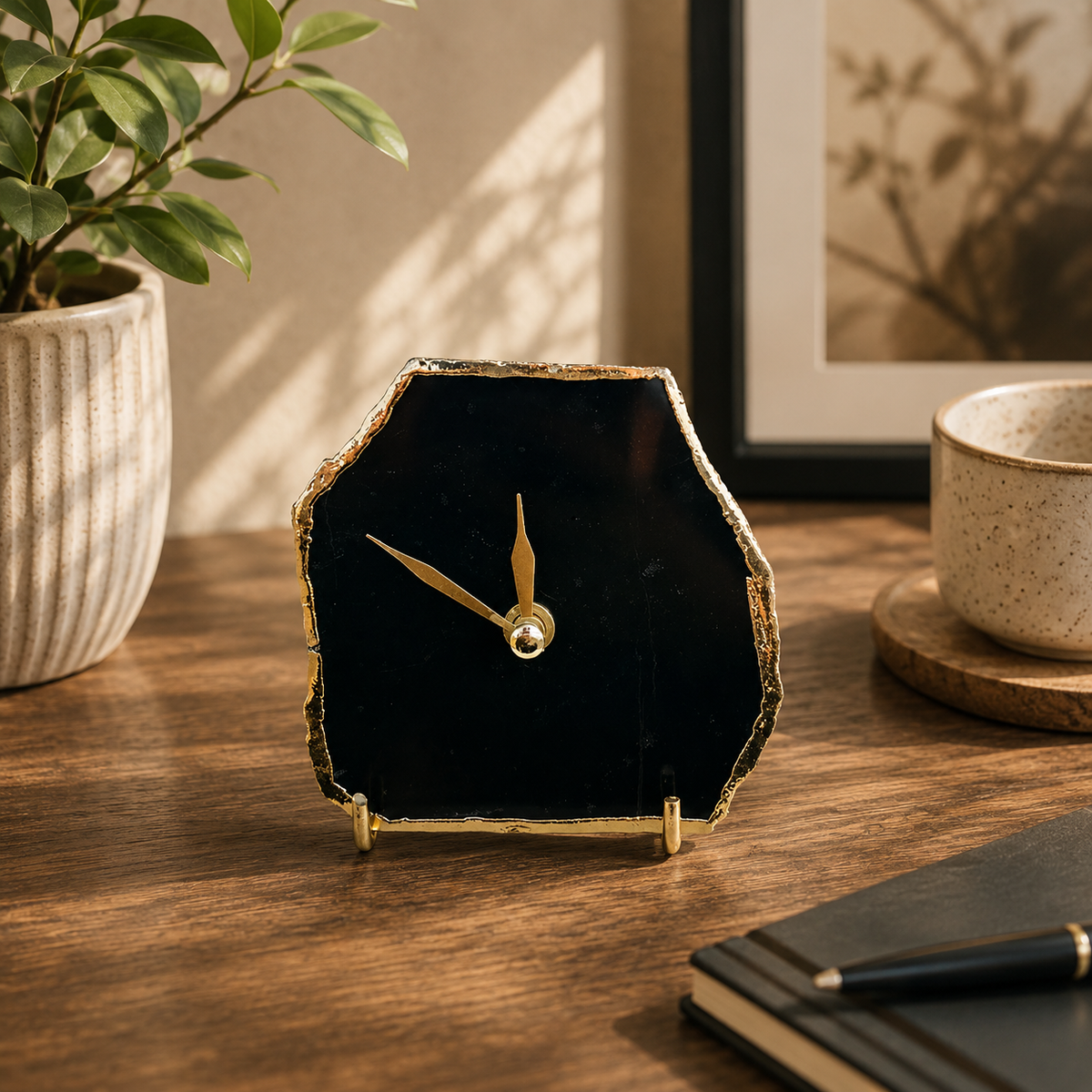 Black agate desk clock finished with an electroformed metal edge