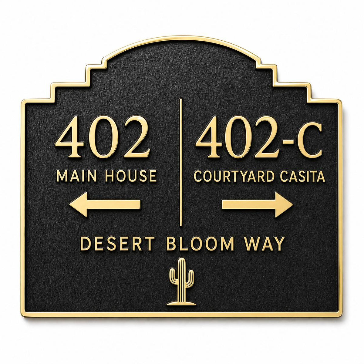 Two Homes plaque in antique brass, front view showing the raised design and lettering