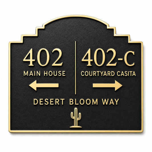 Two Homes plaque in antique brass, front view showing the raised design and lettering