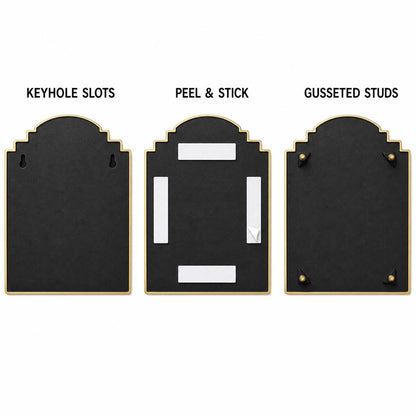 Mounting diagram for the Two Homes plaque comparing keyhole slots, peel-and-stick tape and studs