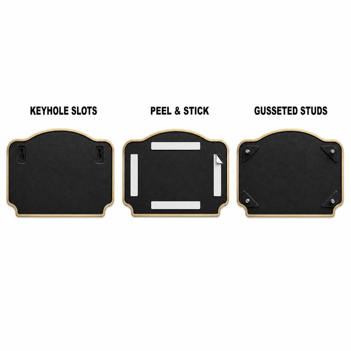 Mounting diagram for the Orange Blossom plaque comparing keyhole slots, peel-and-stick tape and gusseted studs