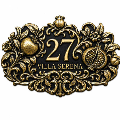 Pomegranate plaque in antique brass, isolated view showing the outline and wording areas