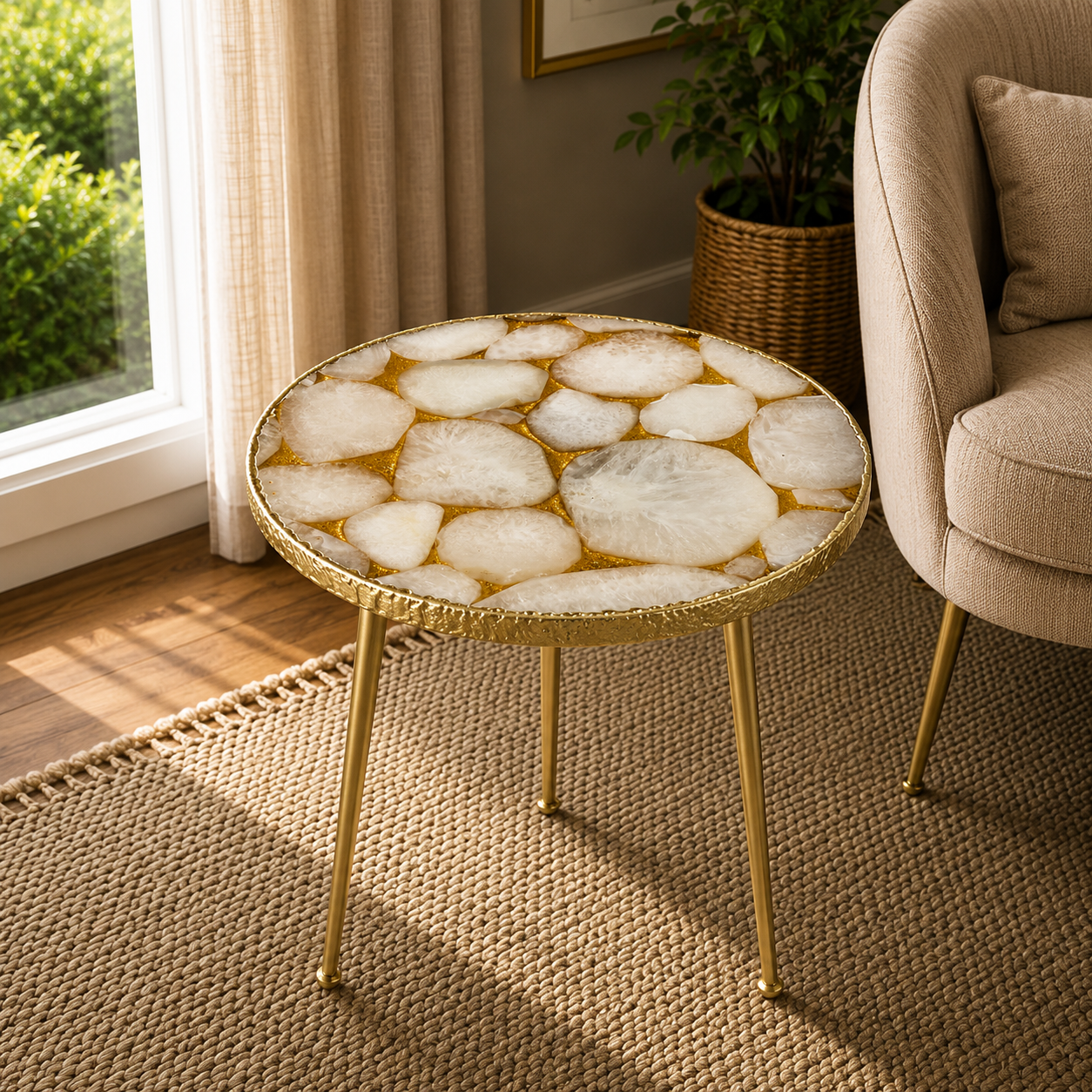 Gold Sparkle White Agate Round Side Table