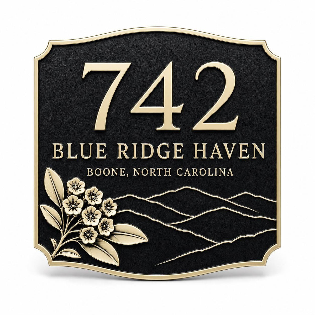 Mountain Ridge name plate with raised number, two wording lines, mountain contours and flowers