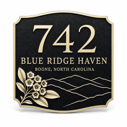 Mountain Ridge name plate with raised number, two wording lines, mountain contours and flowers