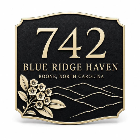 Mountain Ridge name plate with raised number, two wording lines, mountain contours and flowers
