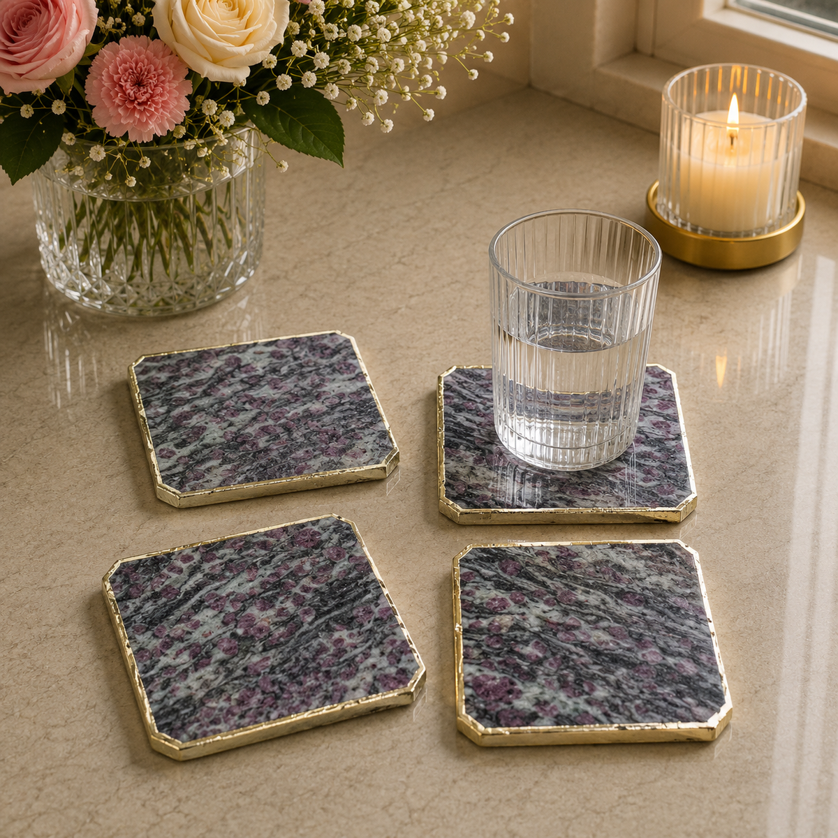 Lepidolite organic edge coasters, set of 4 with gold, silver and rose gold finish options