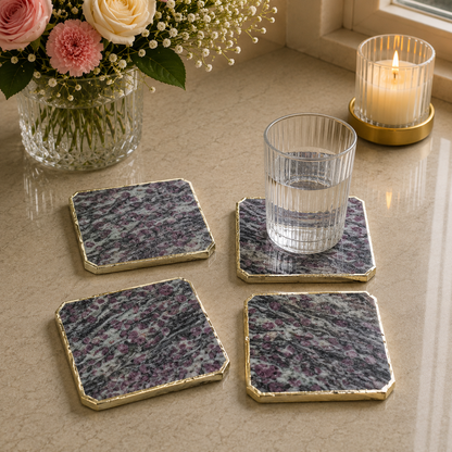 Lepidolite organic edge coasters, set of 4 with gold, silver and rose gold finish options