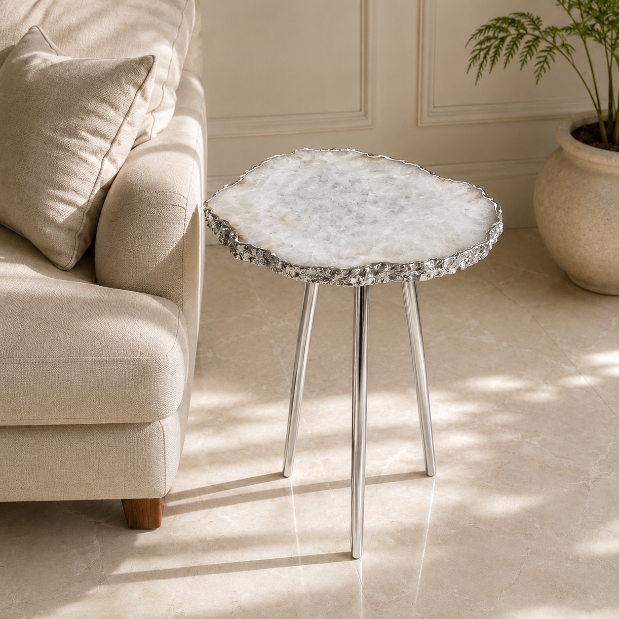 Large White Grey Agate Organic Edge Side Table