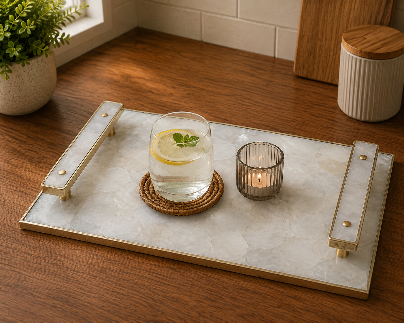 White Agate Serving Tray — Rose Quartz Handles