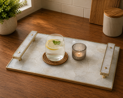 White Agate Serving Tray — Rose Quartz Handles