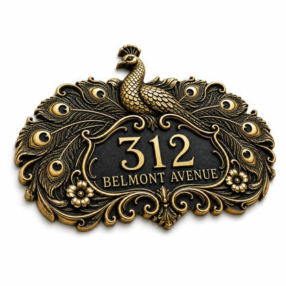 Peacock plaque in antique brass, angled view showing the relief, outline and lettering