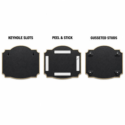 Mounting diagram for the Poppy plaque comparing keyhole slots, peel-and-stick tape and gusseted studs