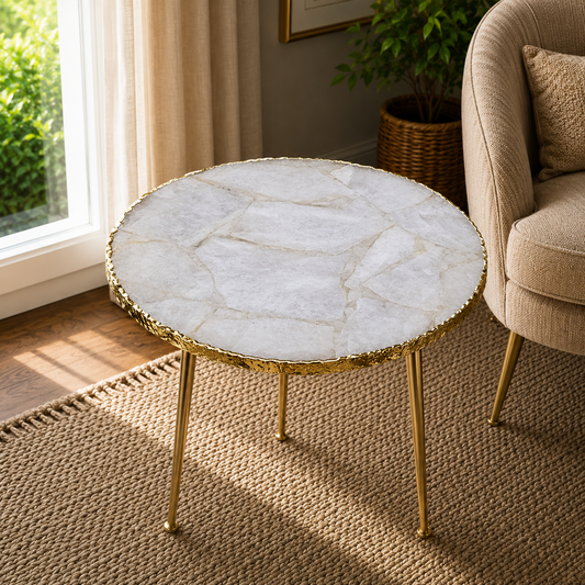 White Agate Round Edge Side Table