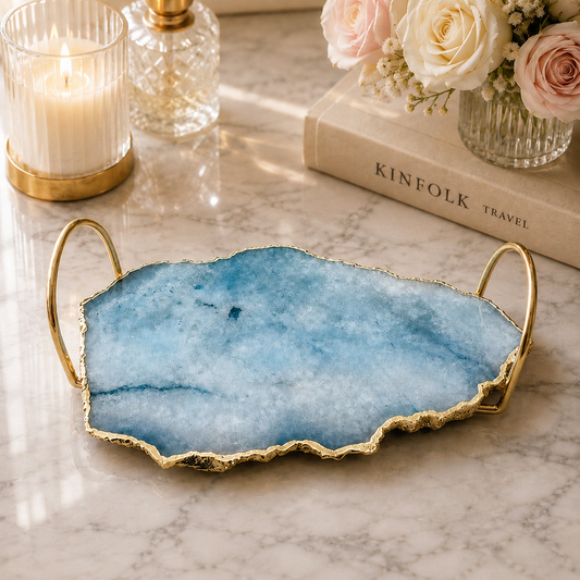 Blue Agate Organic Edge Tray with gold loop handles – pale blue agate slab, electroformed gold edge, India