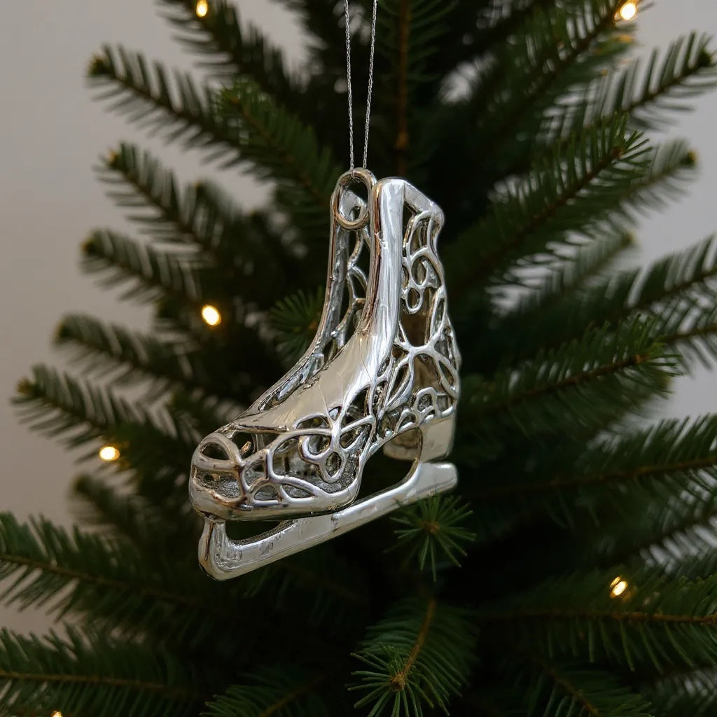 Ice skating boot christmas ornament | metallic holiday decor in gold, silver and antique | set of 2 or 4