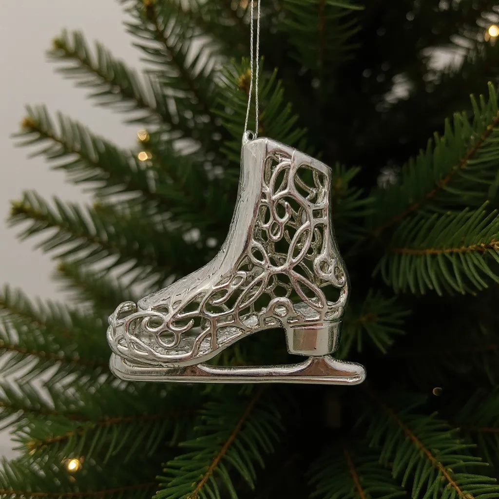 Ice skating boot christmas ornament | metallic holiday decor in gold, silver and antique | set of 2 or 4