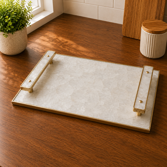 White Agate Serving Tray — Rose Quartz Handles