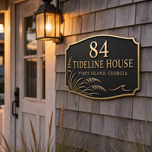 Coastal Sea Oats plaque pictured on timber cladding beside a lit entrance