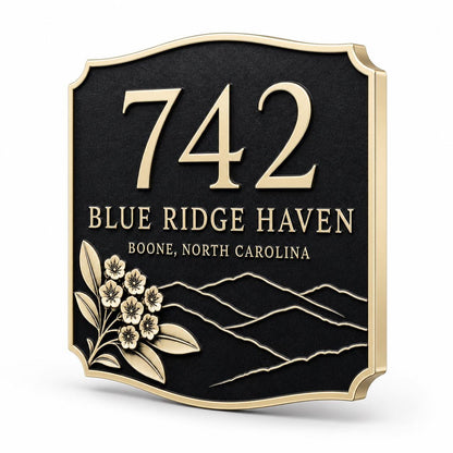 Angled Mountain Ridge plaque showing raised antique-brass lettering on a dark ground