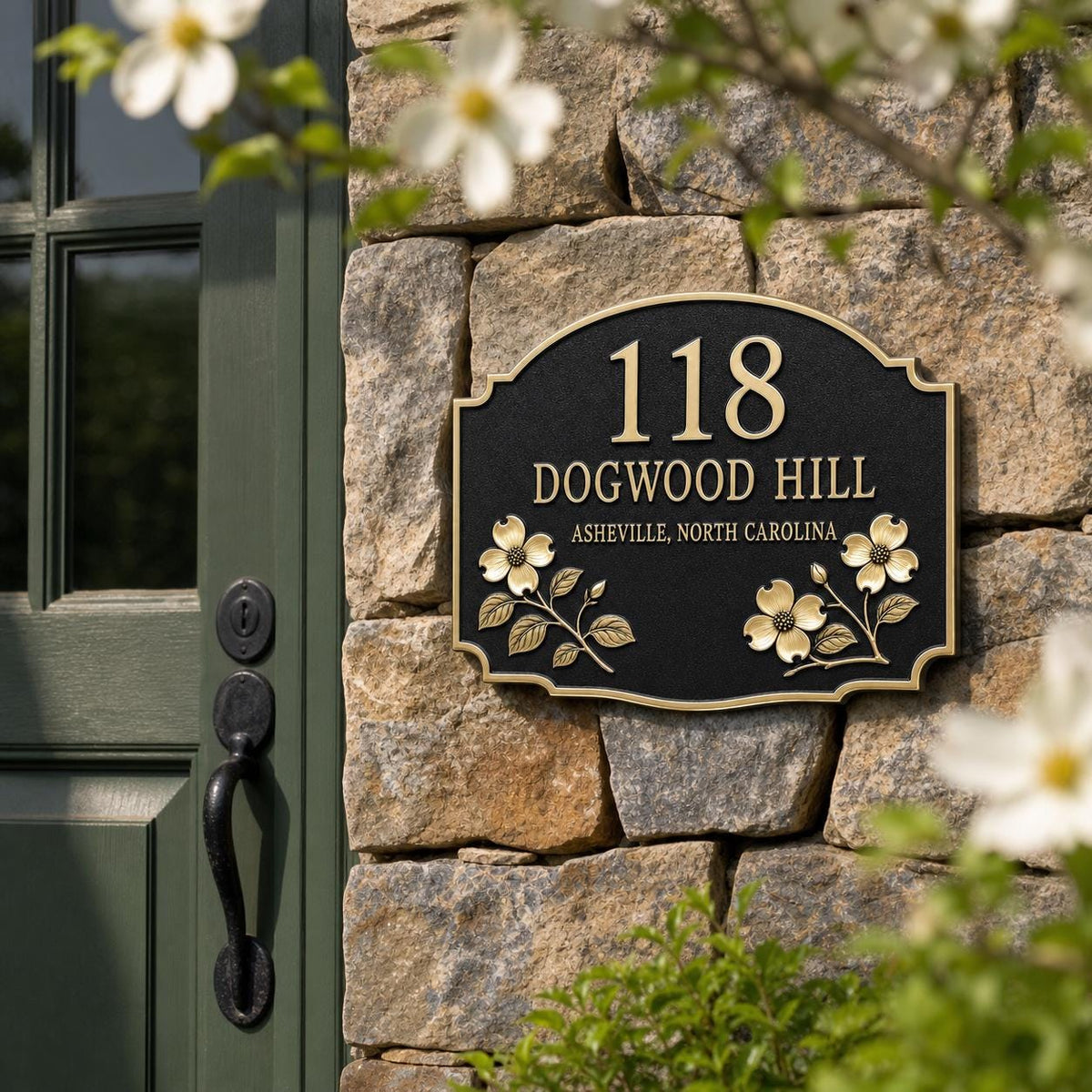 Dogwood name plate pictured on a stone wall beside an entrance