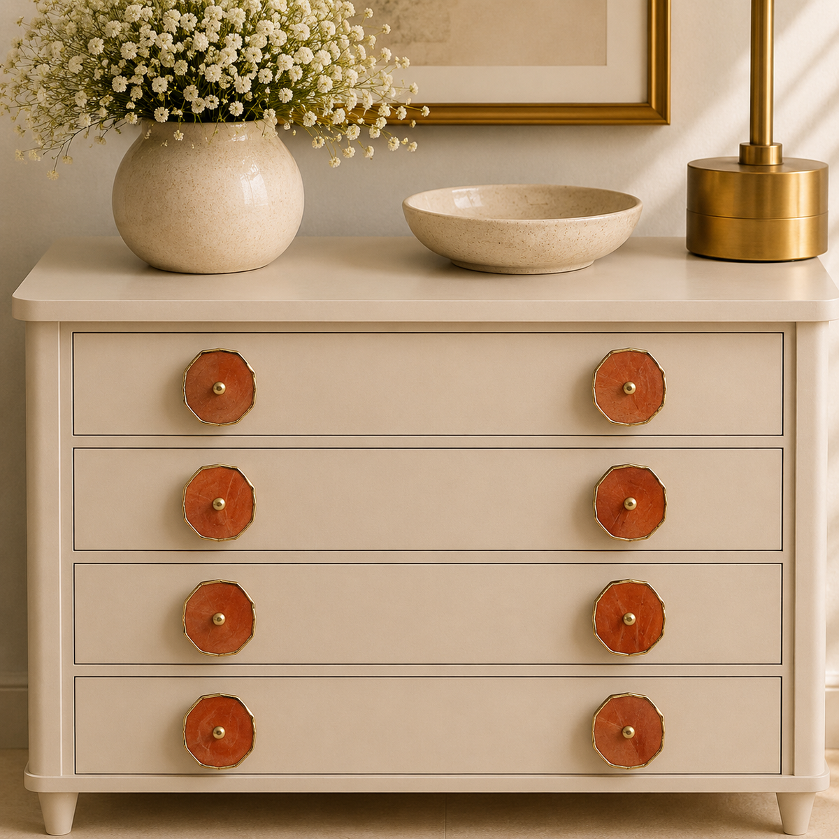 Closer view of the cream drawers, eight rust orange slice knobs
