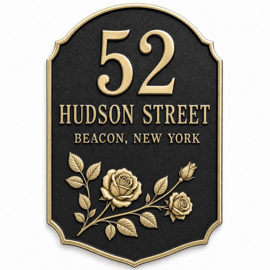 Tall Rose house name plate with raised number, two wording lines and rose relief