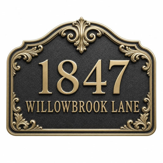 Acanthus Scroll name plate with raised house number, one name line and ornate scroll border